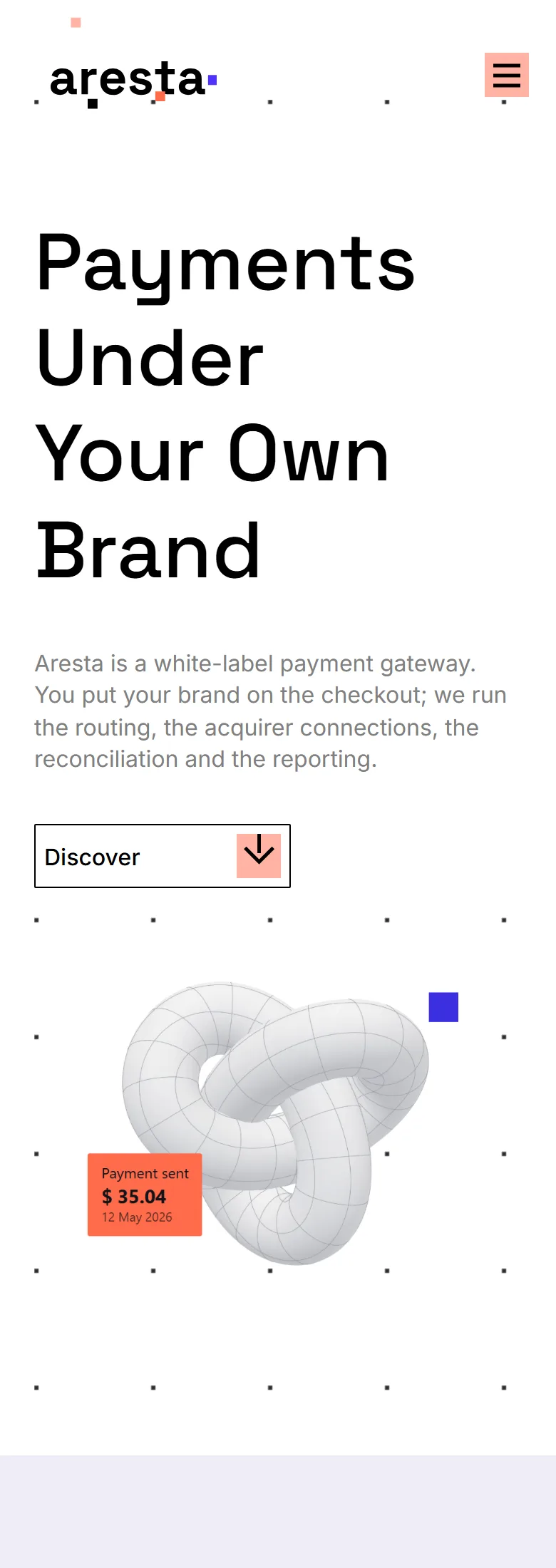 The Aresta site on a phone: the headline, the gateway description and the highlight cards stacked in one column
