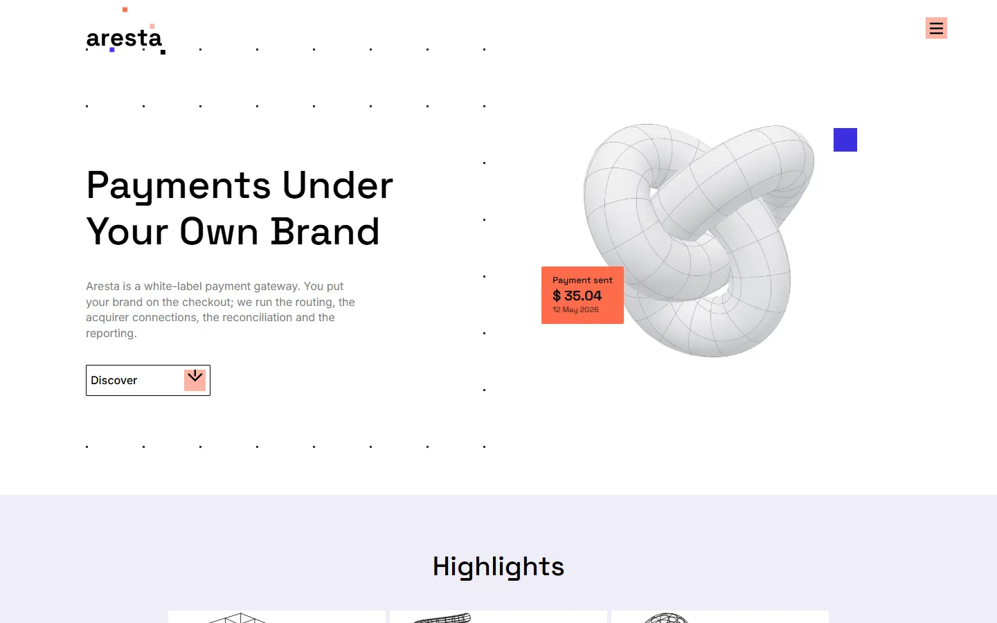 First screen of the Aresta site: the headline “Payments Under Your Own Brand”, a paragraph about the gateway and a 3D object with a payment card