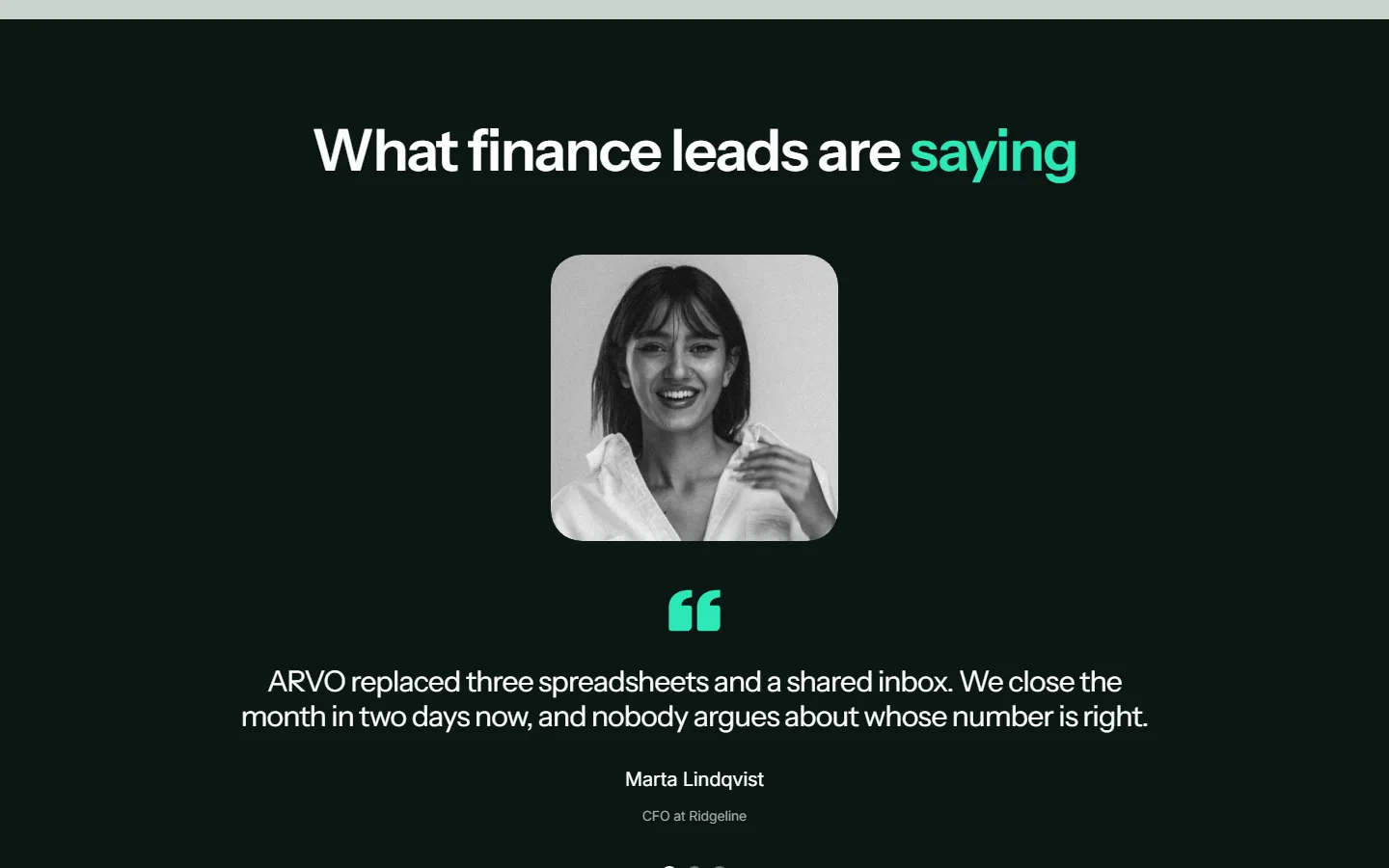 The reviews block: a portrait on a dark background with a quote from a finance lead and the slider dots below.