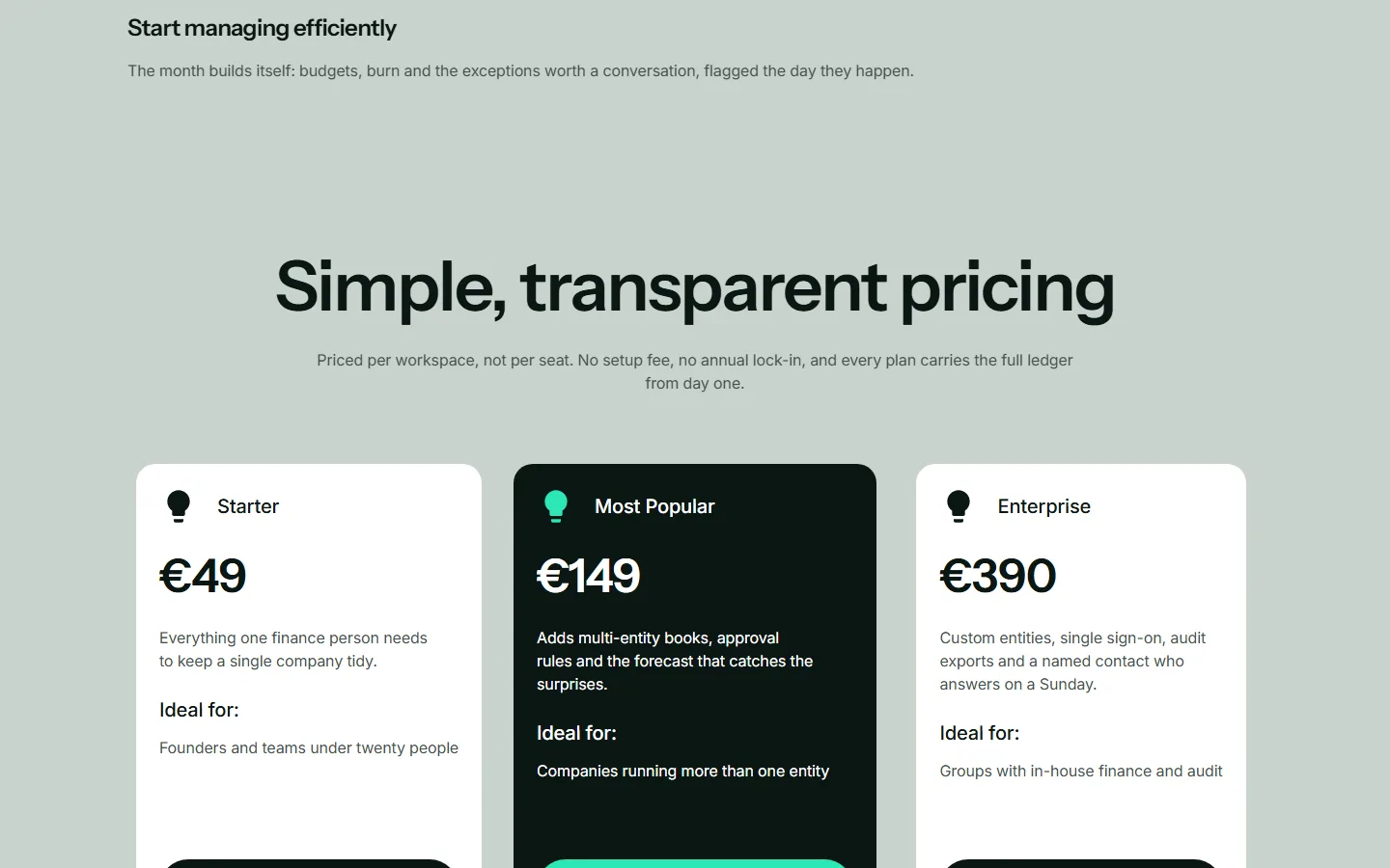 The pricing block: three plan cards with prices per workspace, the middle one highlighted as most popular.