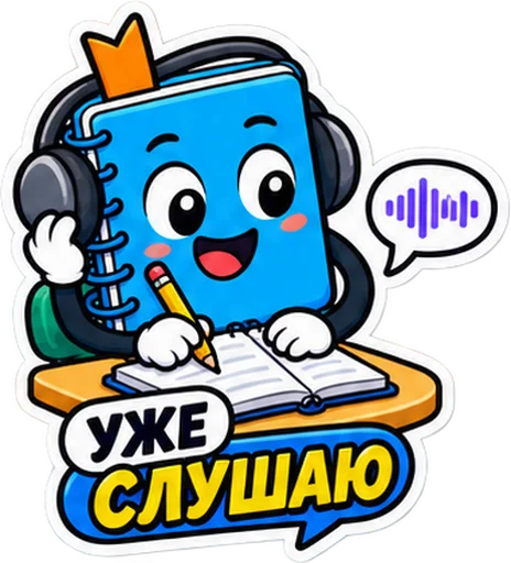 Sticker: the blue notebook in headphones with the caption "Already listening"