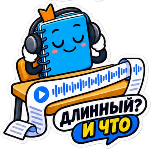 Sticker: the blue notebook in headphones with the caption "Long? So what"