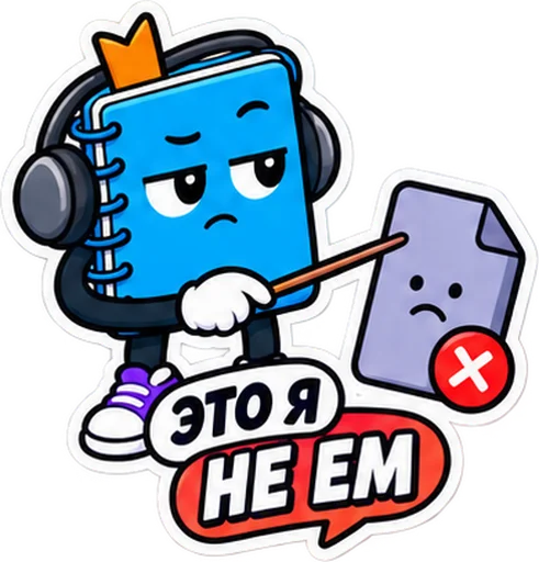 Sticker: the blue notebook in headphones with the caption "I do not eat that"