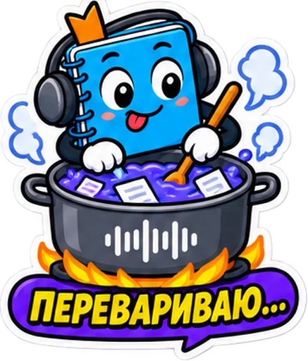 Sticker: the blue notebook in headphones with the caption "Digesting"