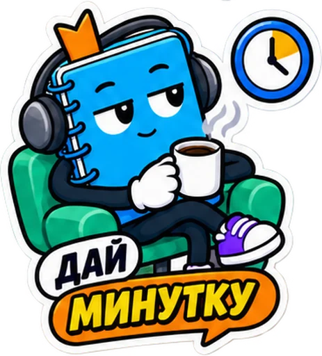 Sticker: the blue notebook in headphones with the caption "Give me a minute"