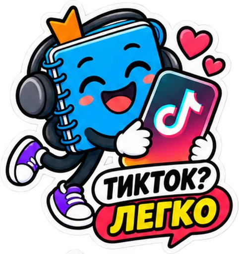 Sticker: the blue notebook in headphones with the caption "TikTok? Easy"