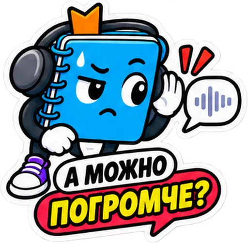 Sticker: the blue notebook in headphones with the caption "Could you turn it up"