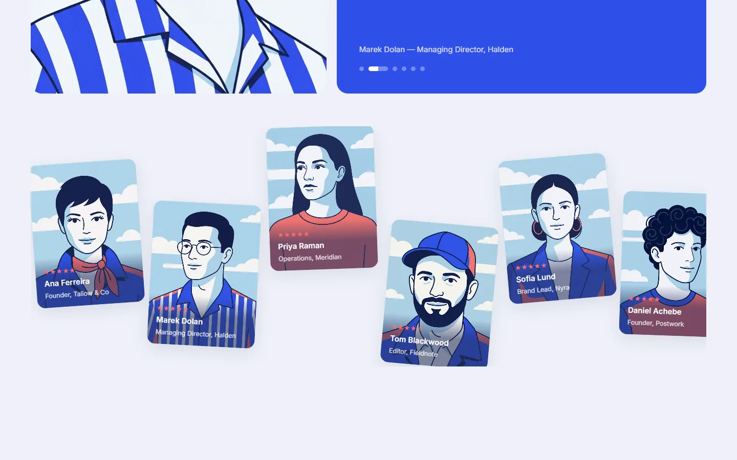 A row of tilted cards with drawn portraits of clients, each with a name, a role and a star rating.