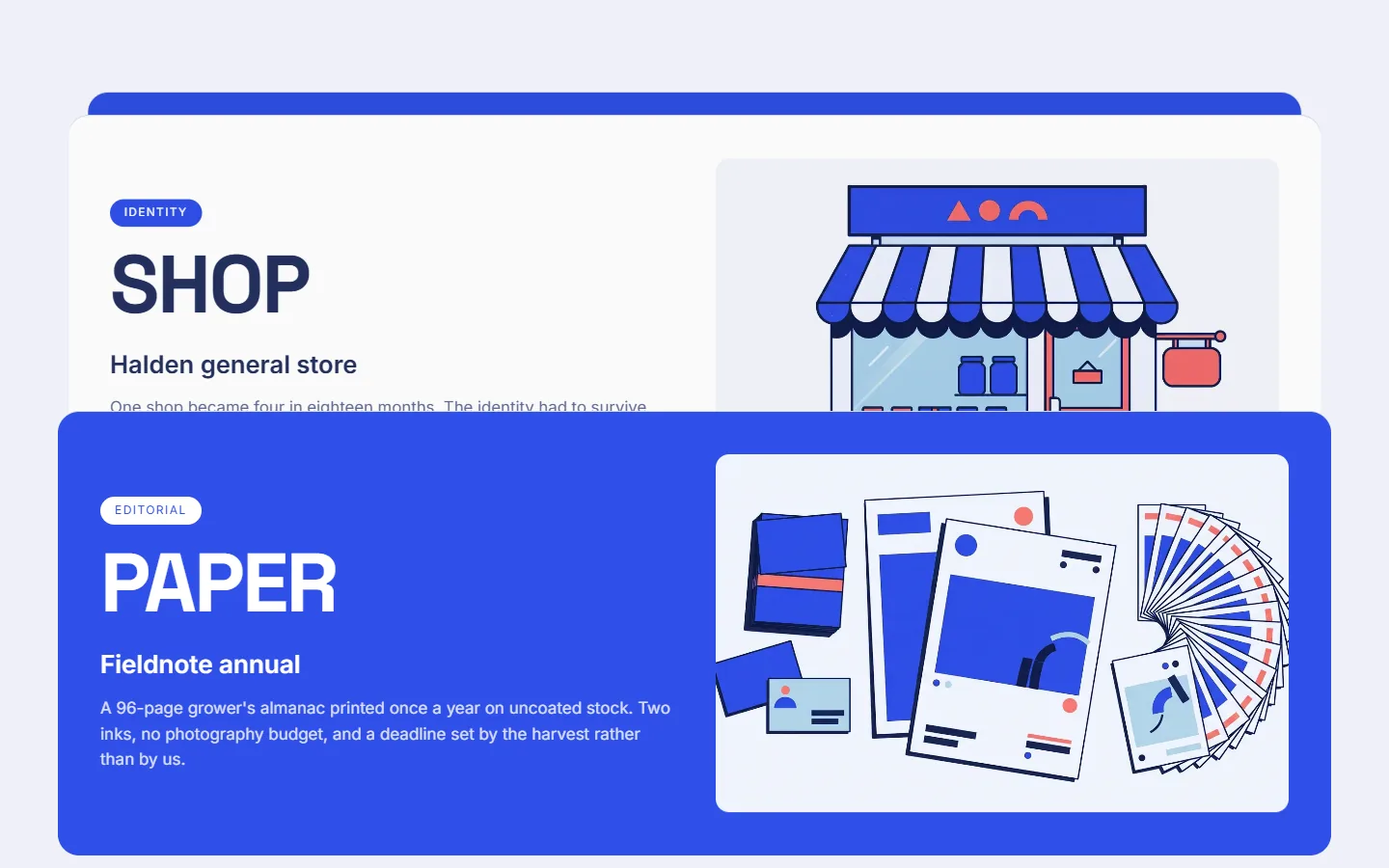 Two showcase cards: a shop identity on a light card and a printed annual on a blue one, each with its own illustration.