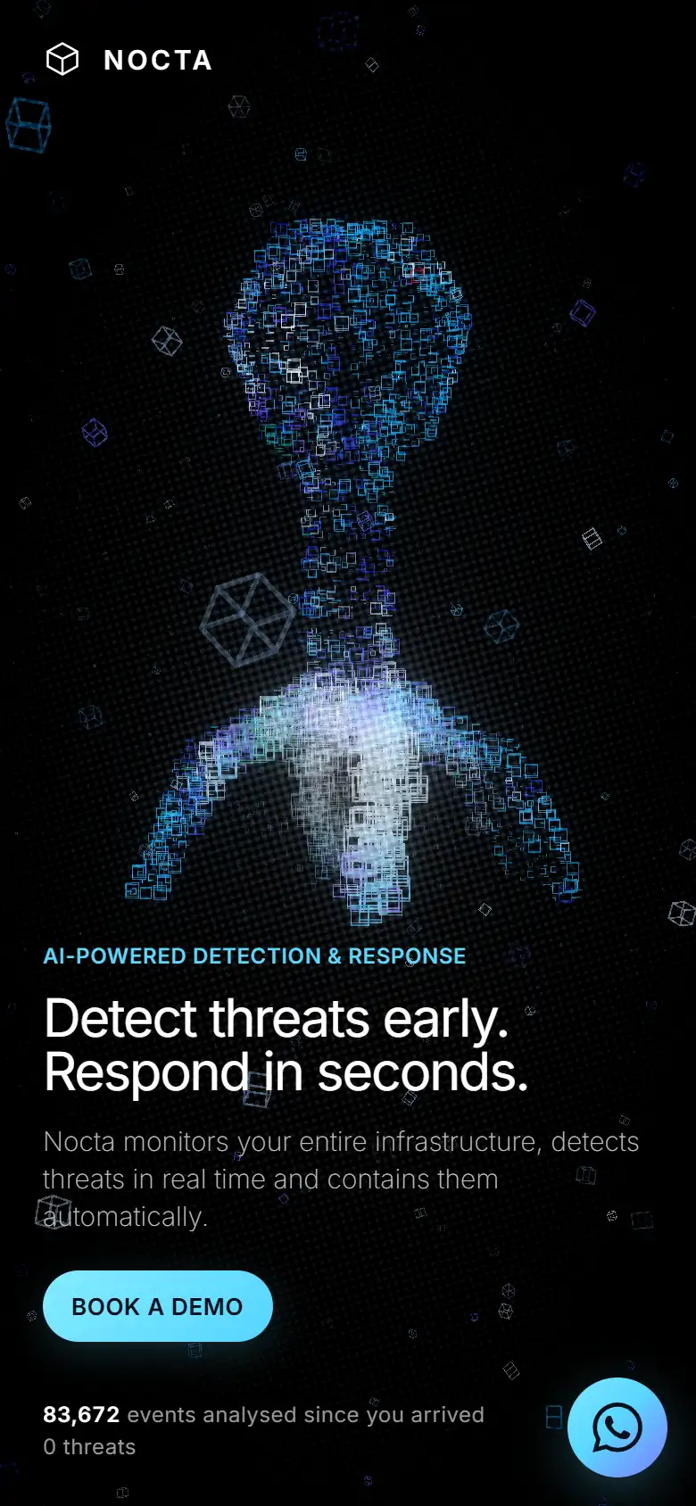 The site on a phone: the virus of particles in the upper half of the screen, the headline, the paragraph and the button below it.