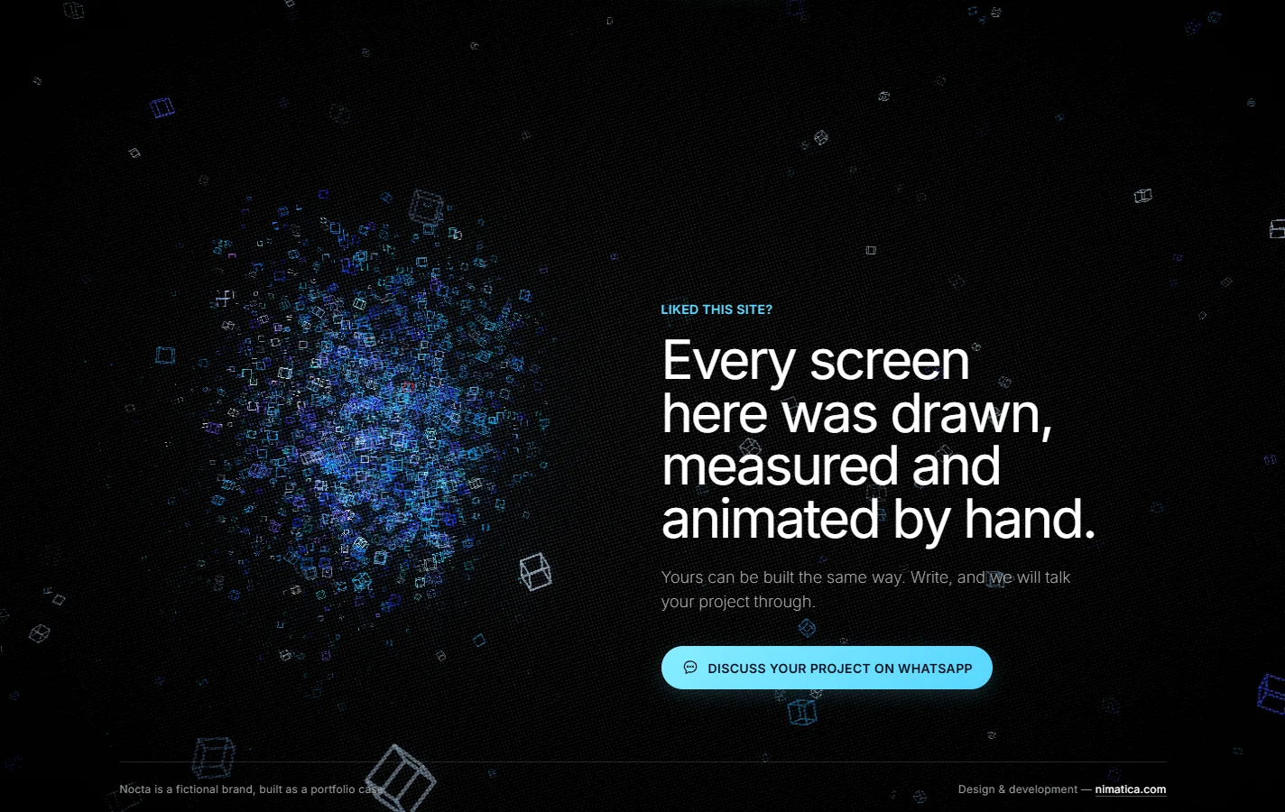The last screen: the shield on the left, the block about the studio with a WhatsApp button on the right, and the footer line underneath.