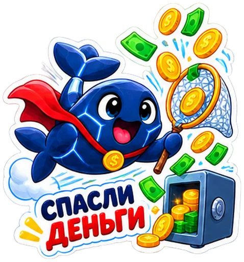 Sticker: the blue whale with the caption "Saved the money"