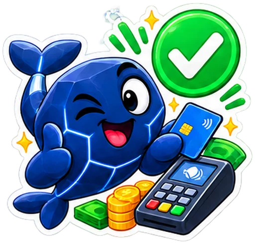 Sticker: the blue whale with the caption "Payment went through"