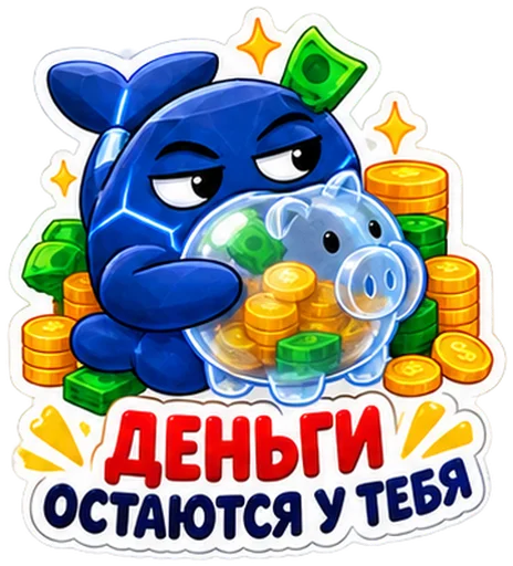 Sticker: the blue whale with the caption "The money stays with you"