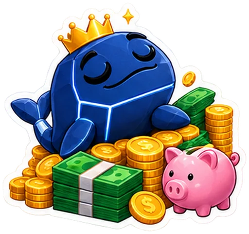 Sticker: the blue whale king on a pile of money