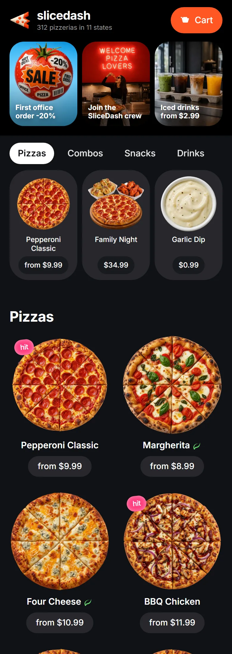 The pizza delivery site on a phone: header with delivery time, category tabs and the menu in two columns.