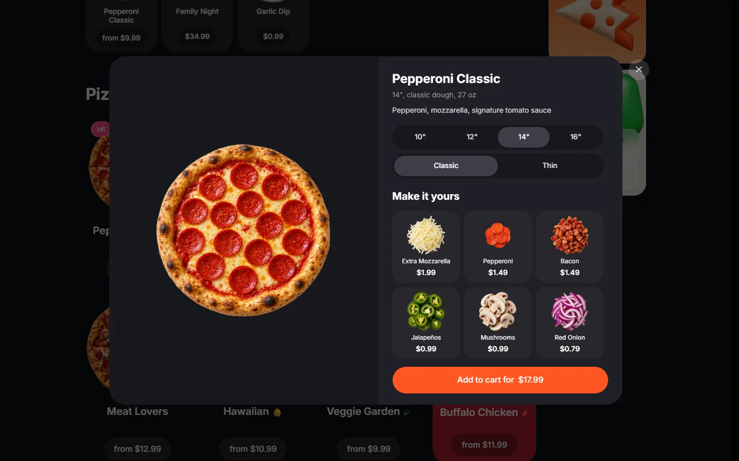 The pizza card open over the catalogue: size from ten to sixteen inches, classic or thin dough, six toppings with prices, and the add-to-cart button with the total.