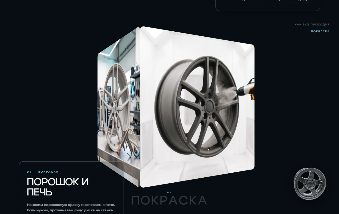 The process block: a rotating cube with photographs from the workshop and the caption of the painting step